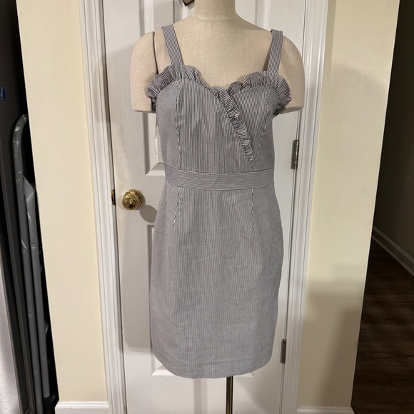 Cremieux Navy & White Striped Ruffle Mini Dress | Size 10 - Picture 1 of 8